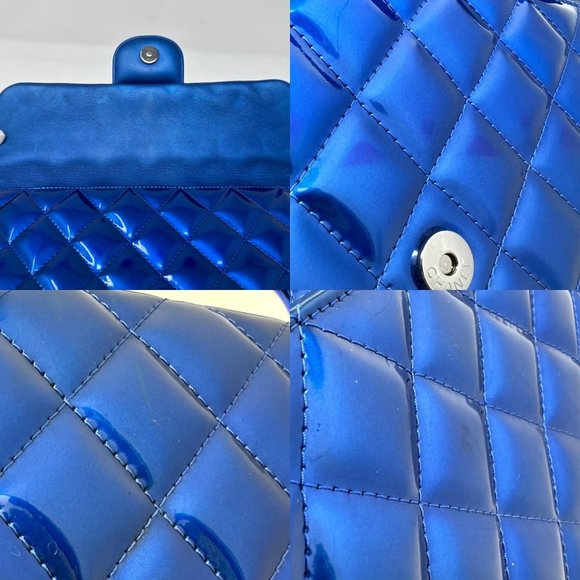 CHANEL 2014 Runway Electric Blue Patent Leather Quilted Bag Metal Handle Rectang - Picture 13 of 13
